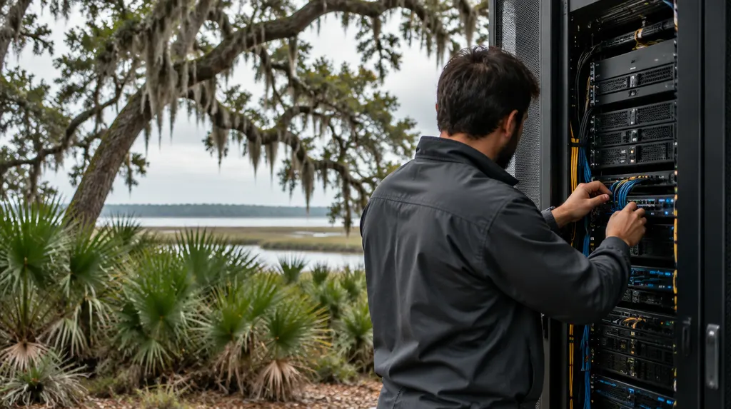 An IT technician working on a server rack in Goose Creek, SC