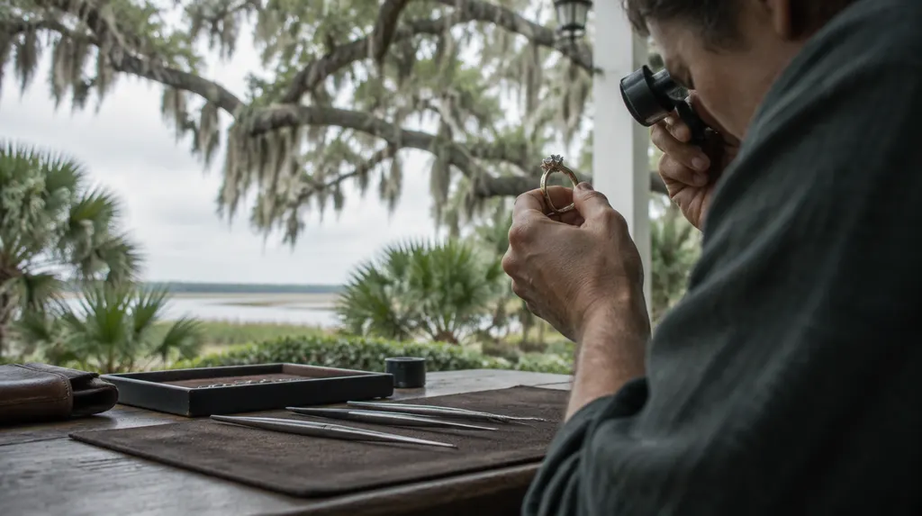 A jeweler examining a ring with a loupe in Goose Creek, SC