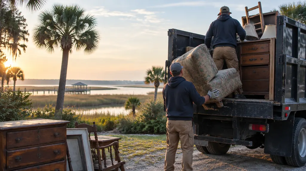 A crew loading old furniture into a junk removal truck in Goose Creek, SC