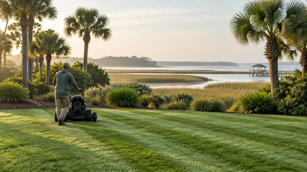 A landscaper mowing a striped green lawn in Goose Creek, SC