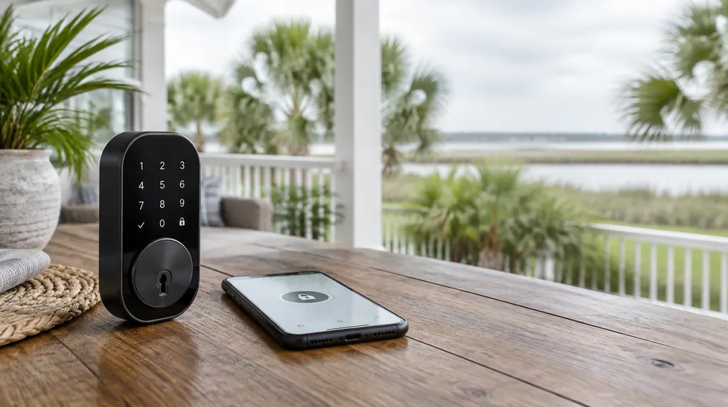 A sleek modern smart lock keypad and a phone app on a locksmith’s table in Goose Creek, SC