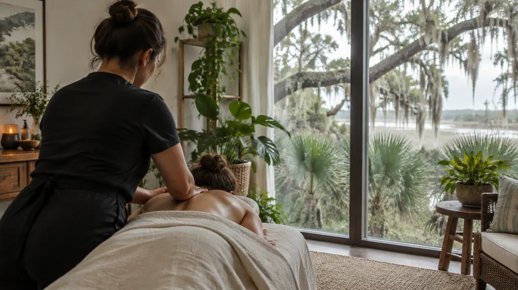 A massage studio with soft light and plants in Goose Creek, SC