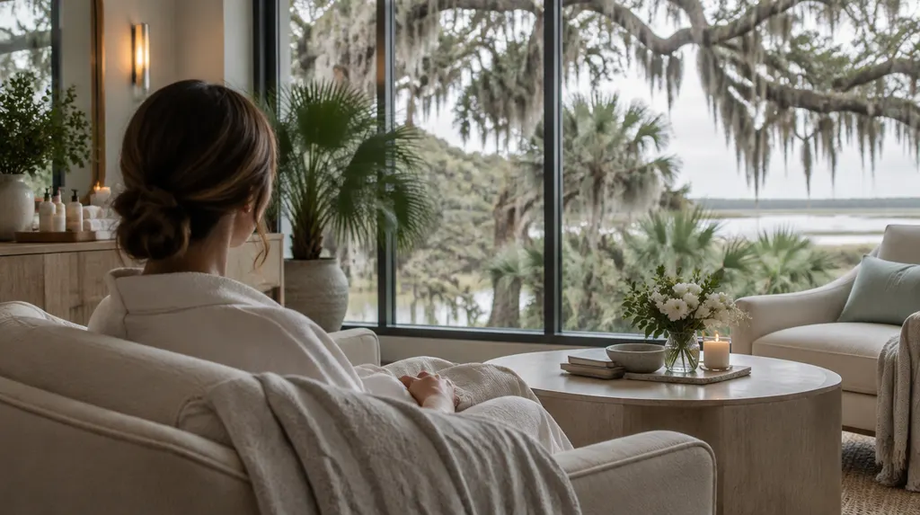 A serene med spa lounge with soft light in Goose Creek, SC