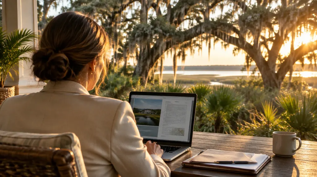 A broker reviewing documents on a laptop in Goose Creek, SC
