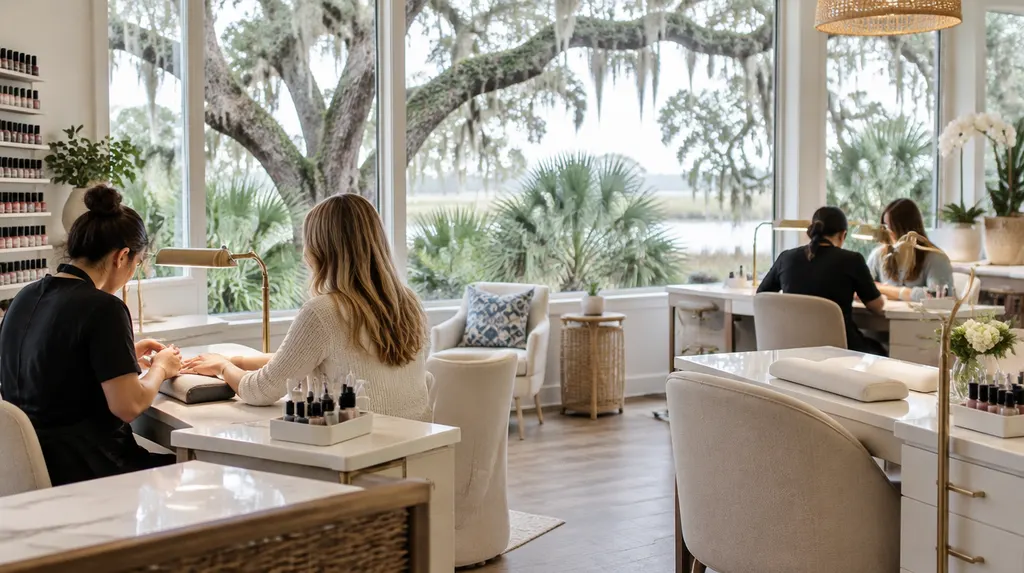 A bright nail salon with manicure tables in Goose Creek, SC