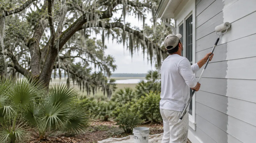 A painter rolling fresh paint on an exterior wall in Goose Creek, SC