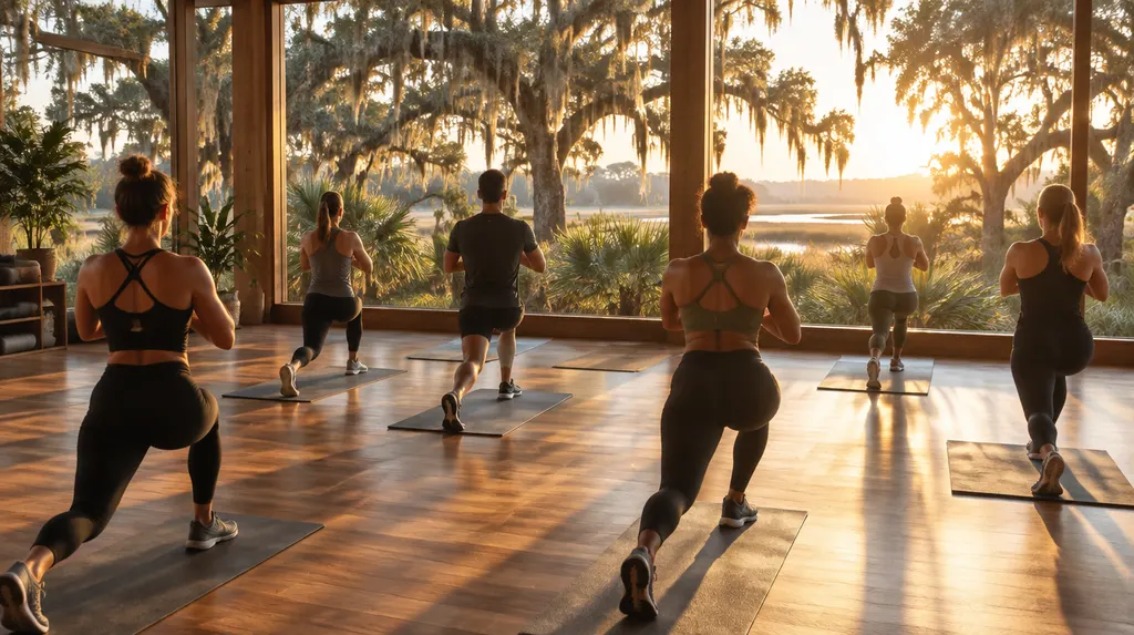 A group fitness class in a studio in Goose Creek, SC