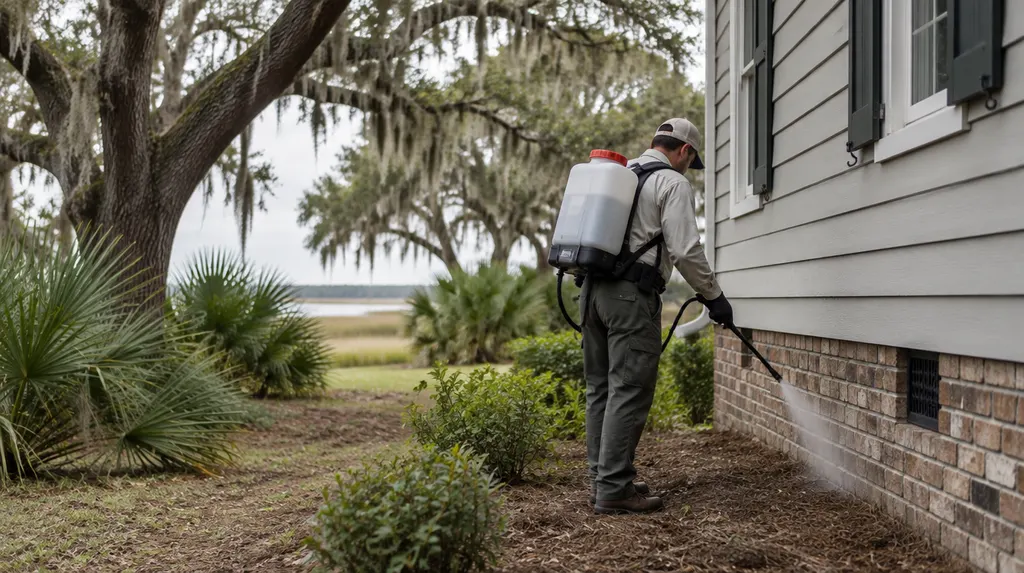 A pest control technician spraying the foundation of a house in Goose Creek, SC