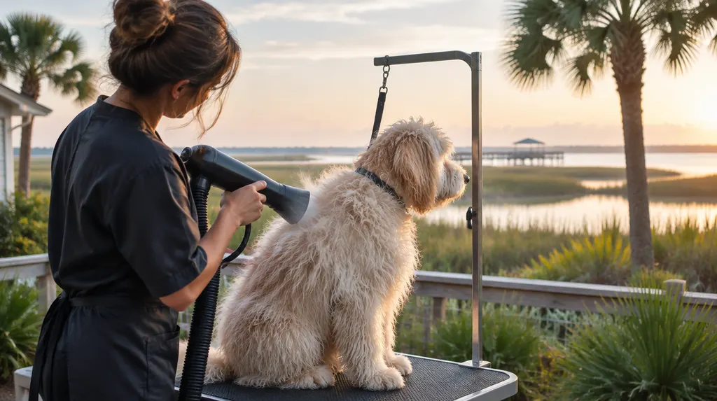 A groomer drying a fluffy dog in Goose Creek, SC