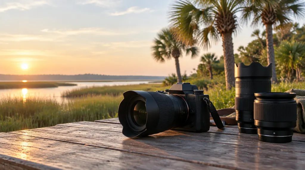 A camera and lenses on a studio table in Goose Creek, SC