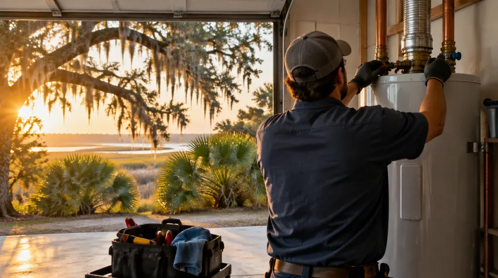 A plumber installing a tank water heater in a garage in Goose Creek, SC