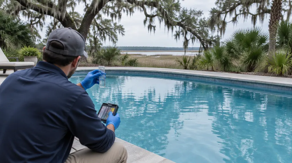 A clean blue pool with a technician testing the water in Goose Creek, SC