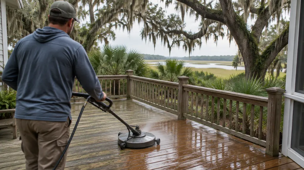 Cleaning a wooden deck with a surface cleaner in Goose Creek, SC