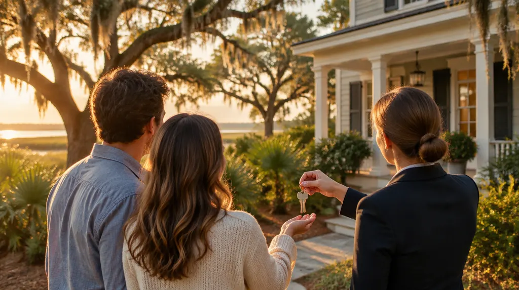 An agent handing keys to new homeowners outside a house in Goose Creek, SC