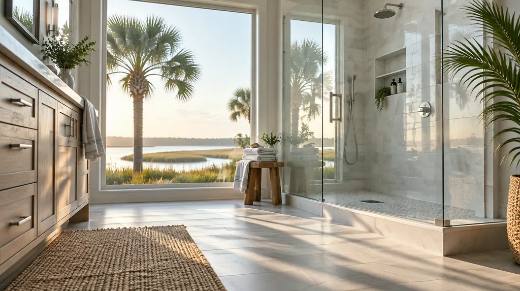 A finished modern bathroom remodel with a walk-in shower in Goose Creek, SC