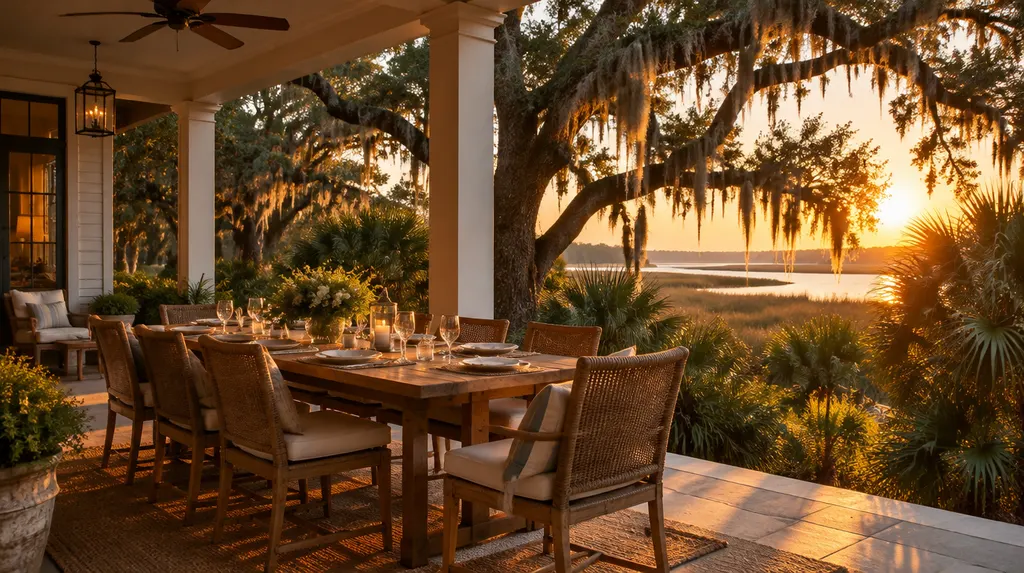 A patio dining area at golden hour in Goose Creek, SC