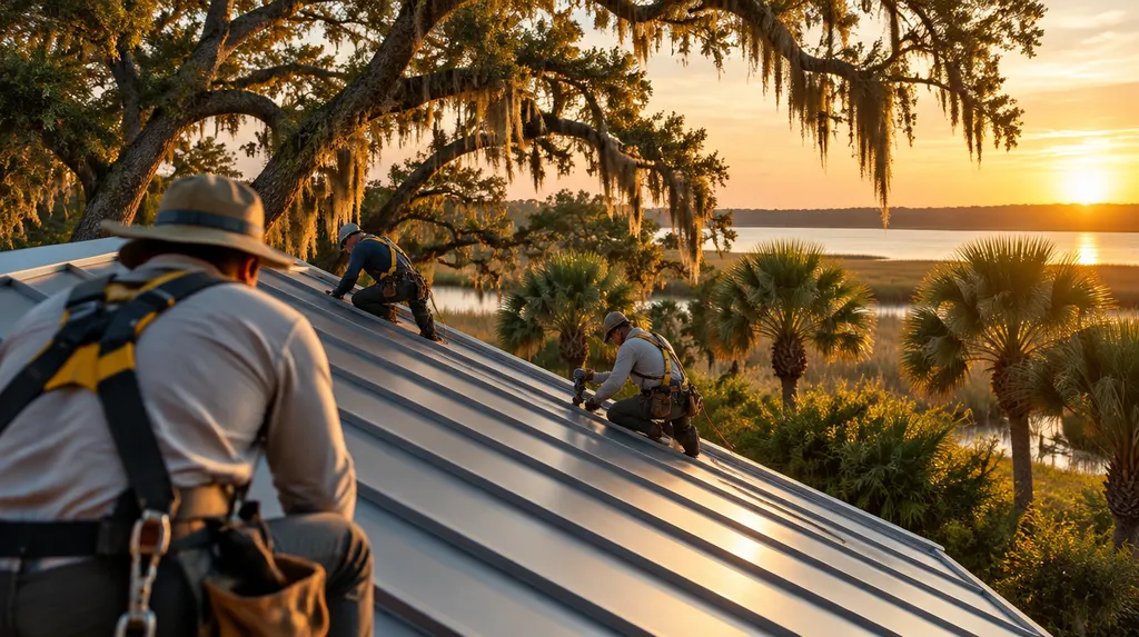 A roofing crew installing a standing-seam metal roof in Goose Creek, SC