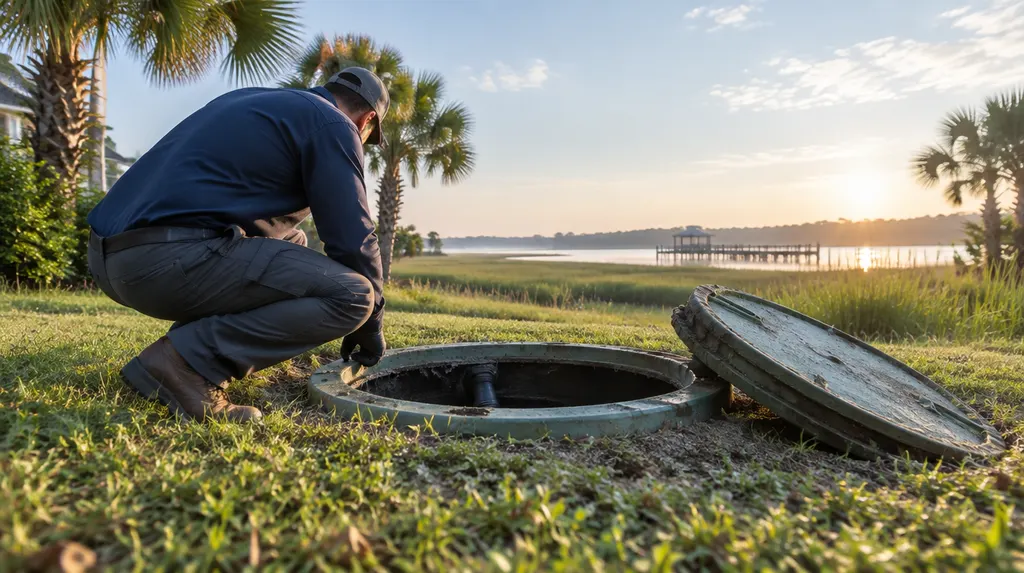 A technician inspecting an open septic tank lid in a yard in Goose Creek, SC