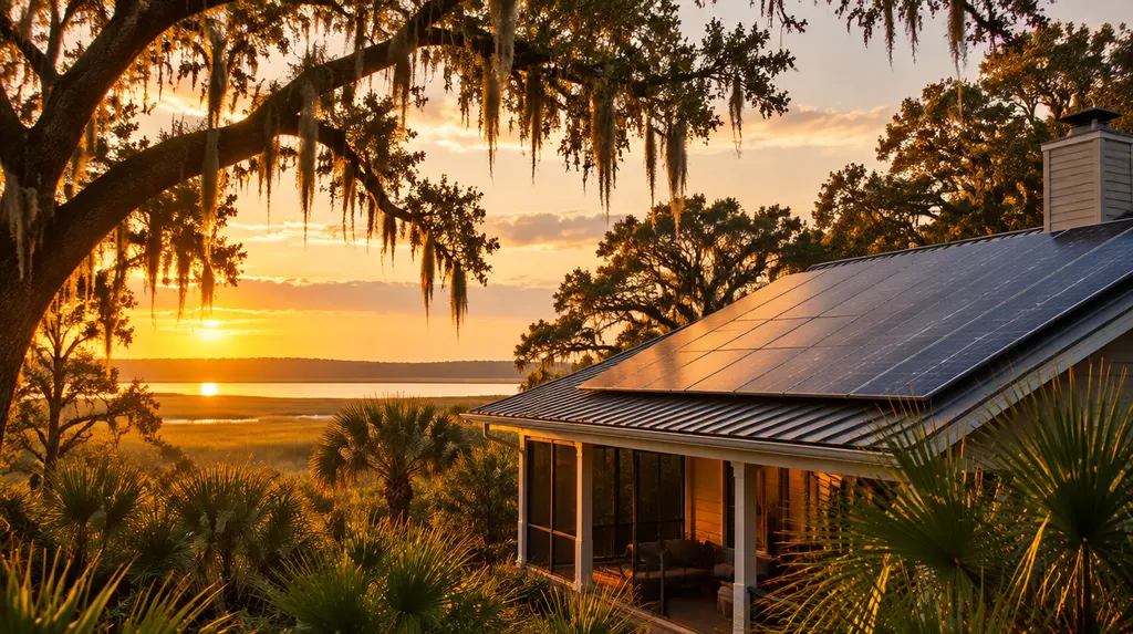 A roof of solar panels at golden hour in Goose Creek, SC