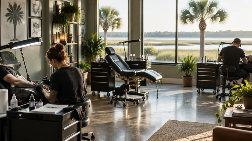 A clean modern tattoo studio with artist stations in Goose Creek, SC