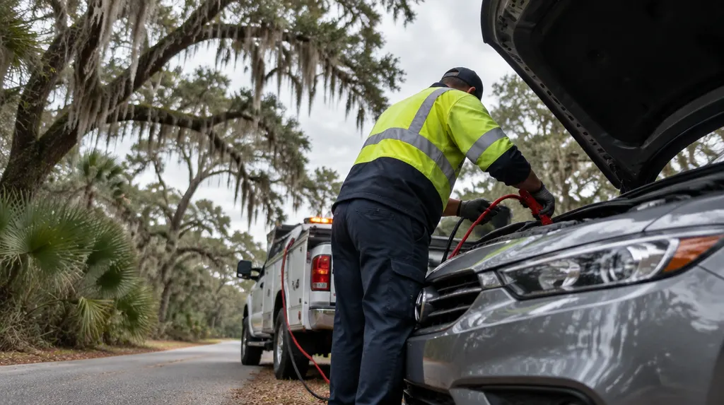 A roadside assistance worker jump-starting a car in Goose Creek, SC