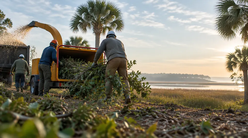 A crew feeding branches into a wood chipper in Goose Creek, SC