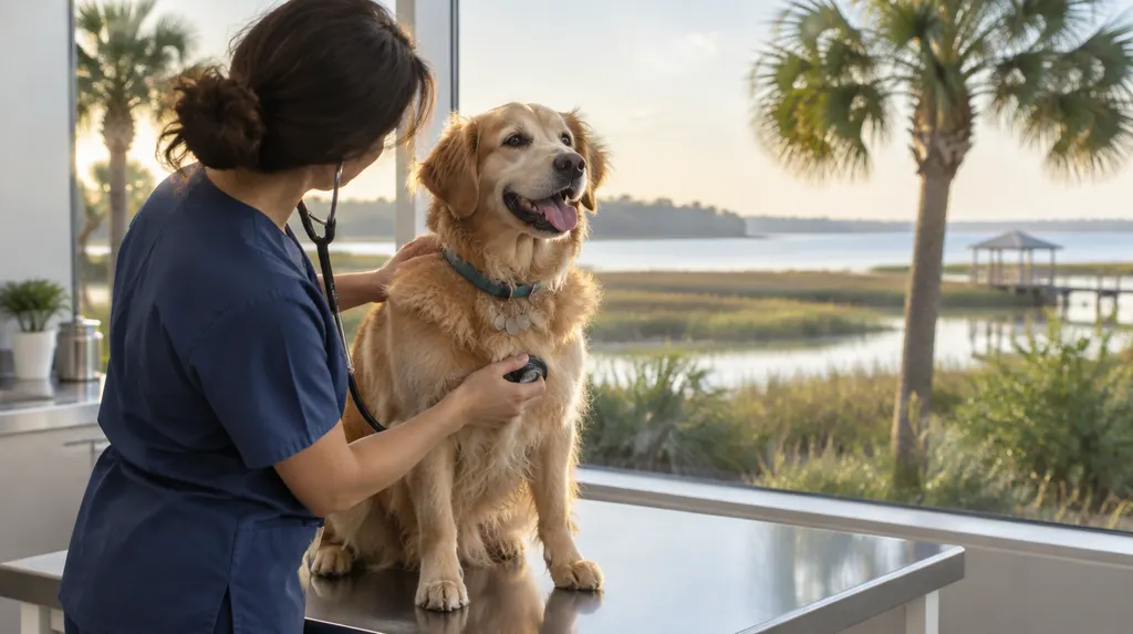 A veterinarian examining a happy dog on an exam table in Goose Creek, SC