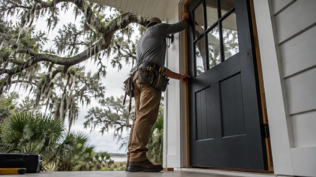 An installer hanging a new front entry door in Goose Creek, SC