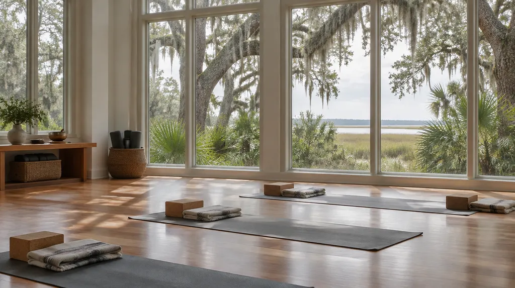 A sunlit yoga studio with mats laid out in Goose Creek, SC