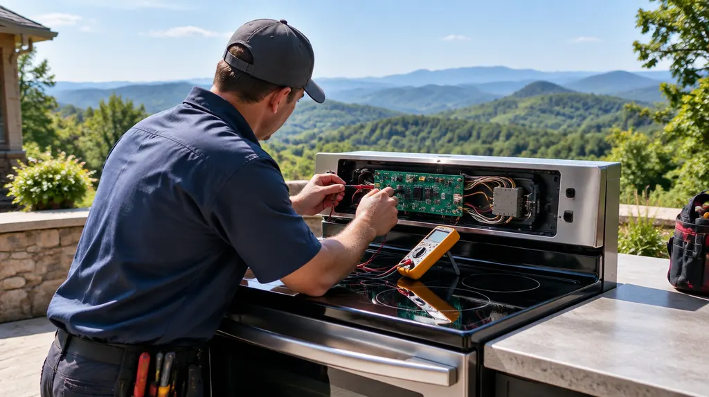 A repair tech testing an oven control panel in Greenville, SC