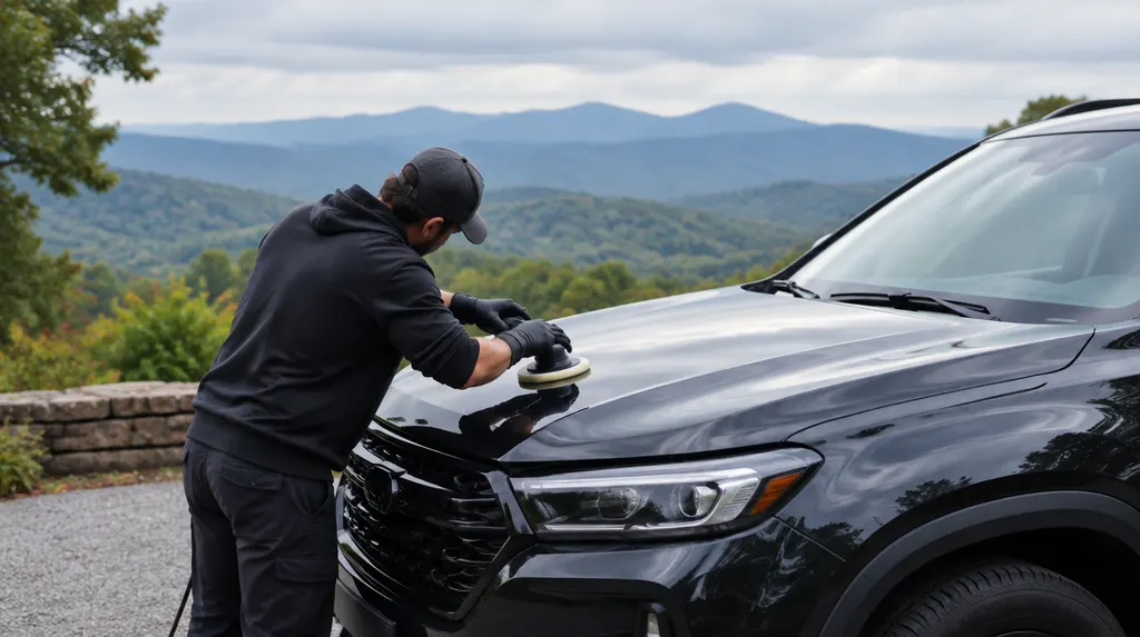 A detailer polishing the glossy hood of a dark SUV in Greenville, SC