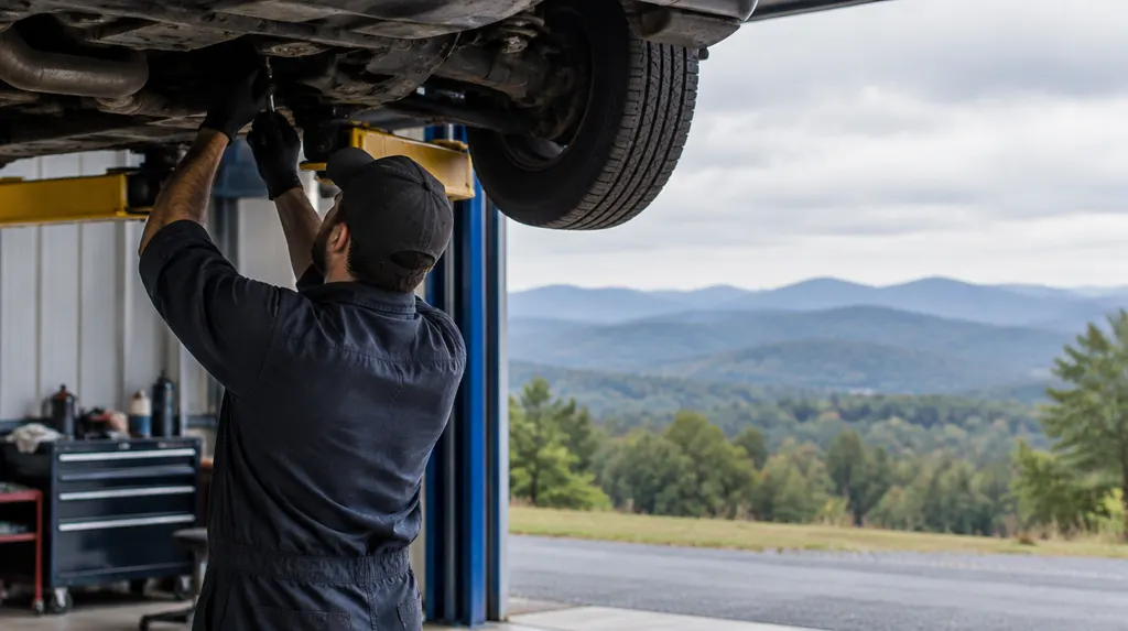 A mechanic working under a car on a lift in Greenville, SC