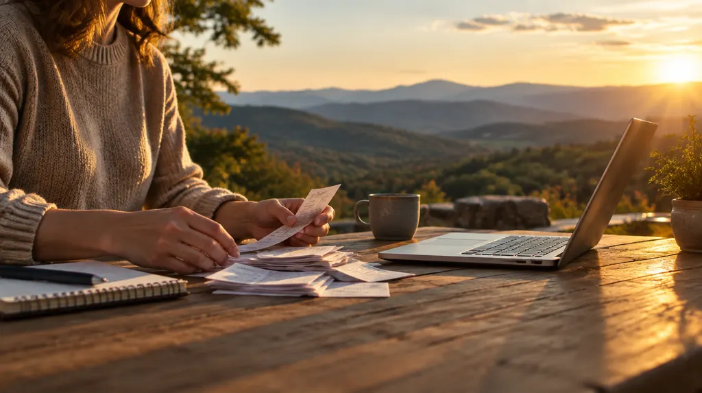A bookkeeper organizing receipts and a laptop in Greenville, SC