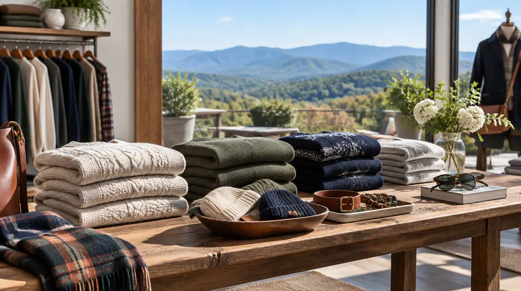 Folded sweaters and accessories on a boutique table in Greenville, SC