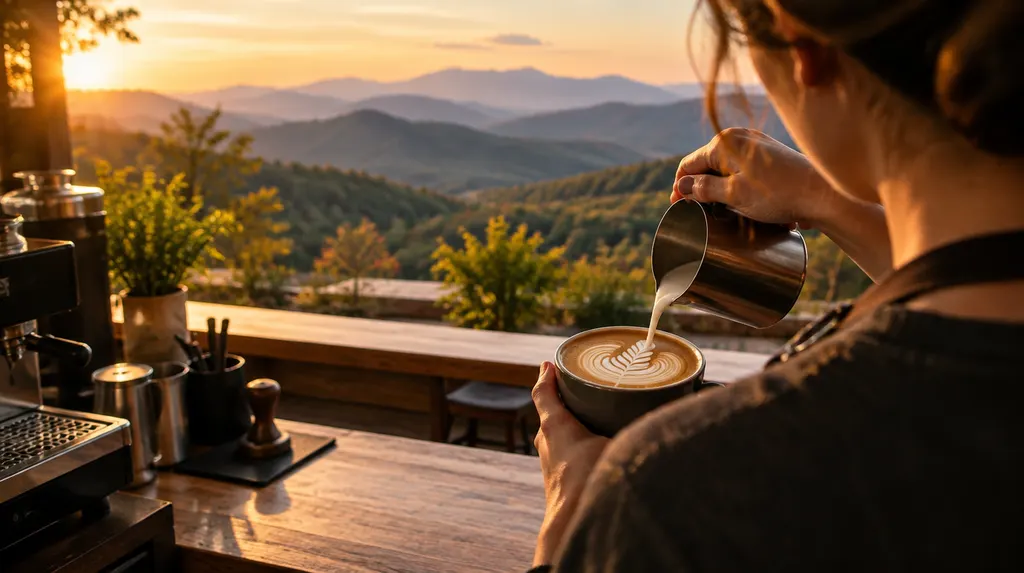 A barista pouring latte art in Greenville, SC