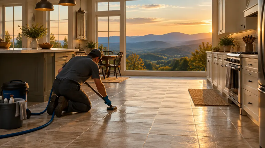 A technician cleaning tile grout on a kitchen floor in Greenville, SC