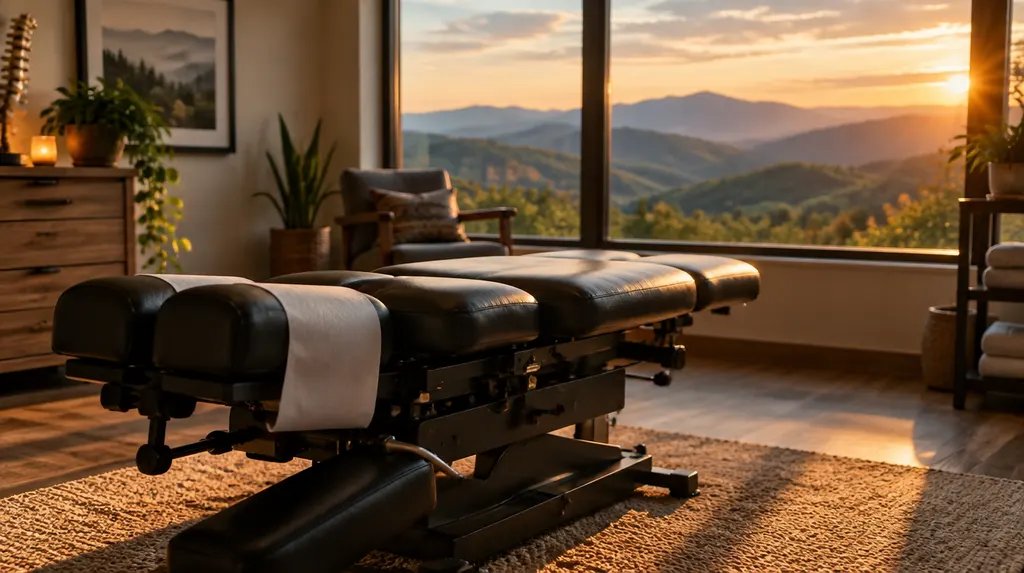 A chiropractic treatment room with an adjusting table in Greenville, SC