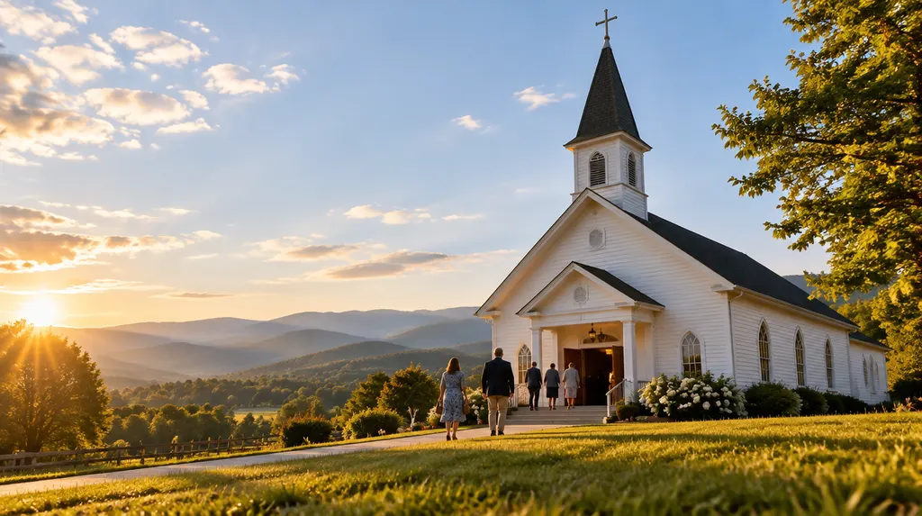 A welcoming white church on a sunny Sunday morning in Greenville, SC