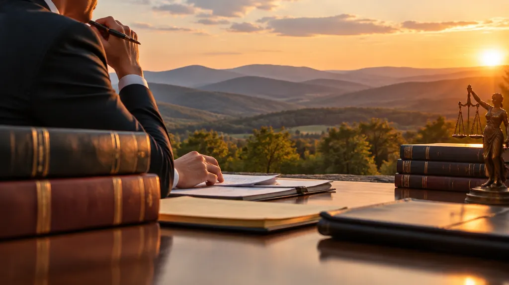 A defense attorney preparing at a desk with law books in Greenville, SC