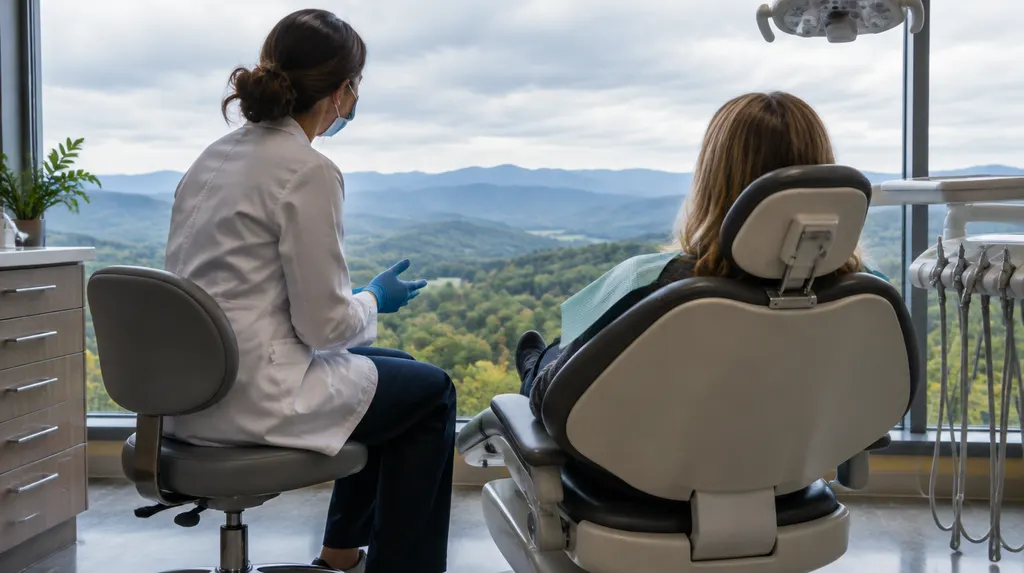 A dentist talking with a patient in a dental chair in Greenville, SC