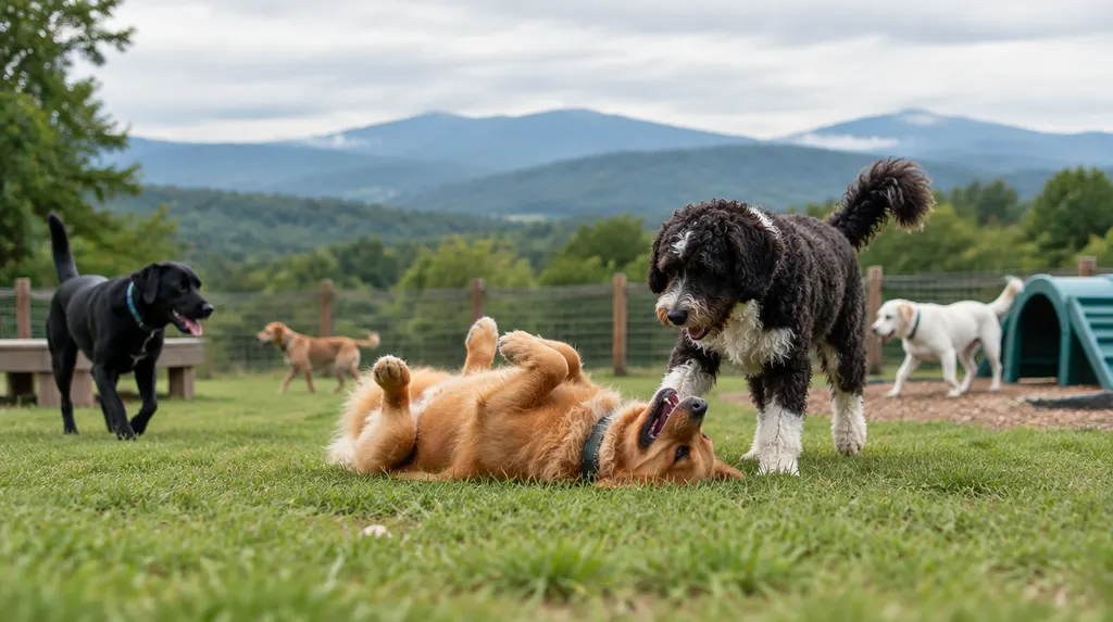 Dogs playing in a doggy daycare play area in Greenville, SC