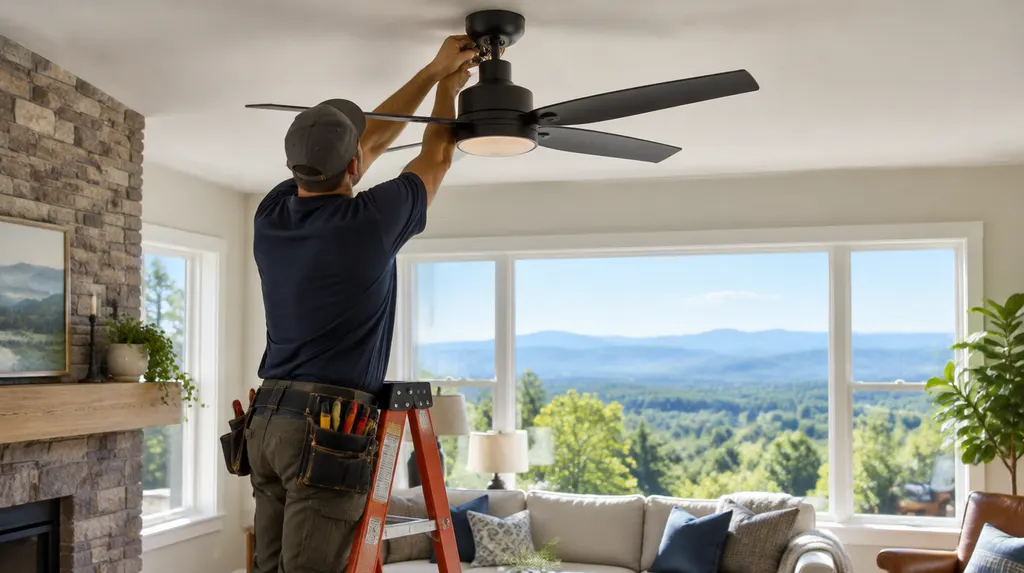 An electrician hanging a modern ceiling fan in a living room in Greenville, SC