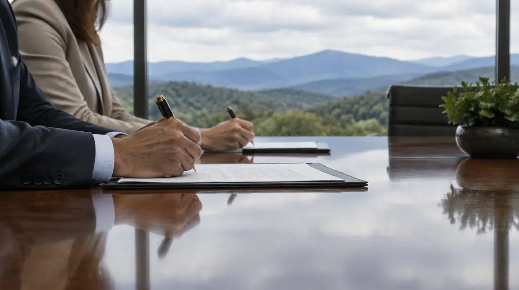 Signing documents at a polished conference table in Greenville, SC