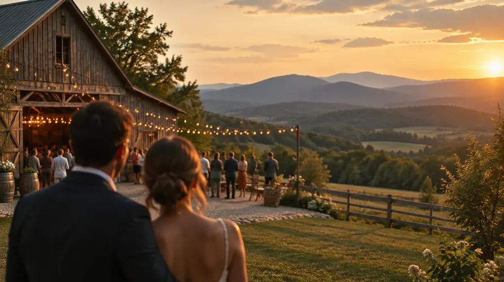 A rustic barn venue with string lights in Greenville, SC