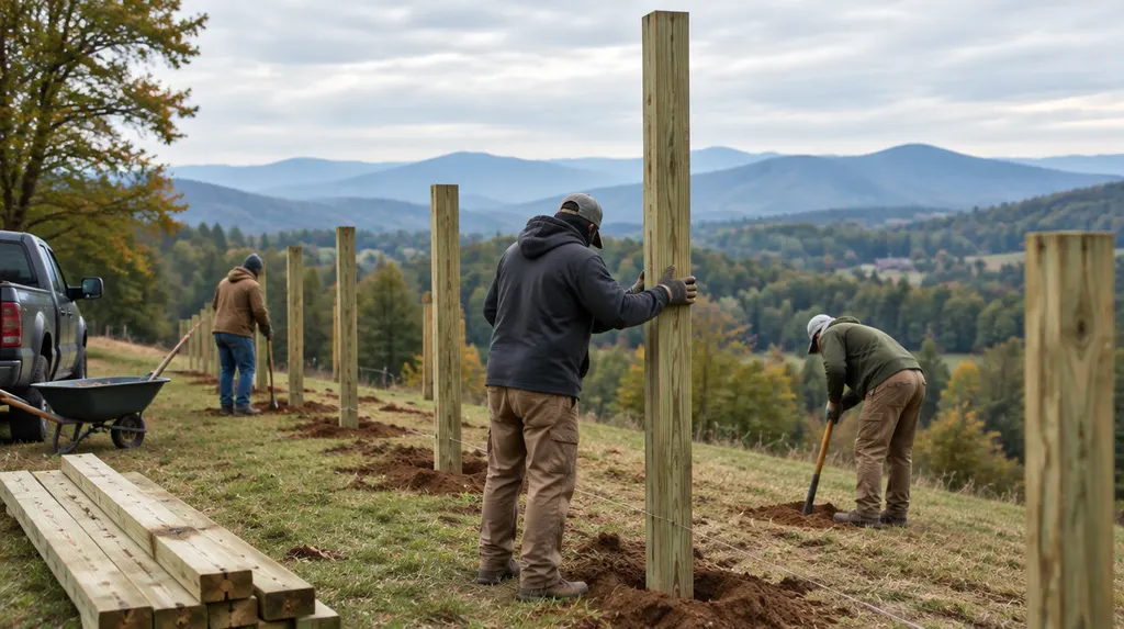 A crew setting posts for a new wood privacy fence in Greenville, SC