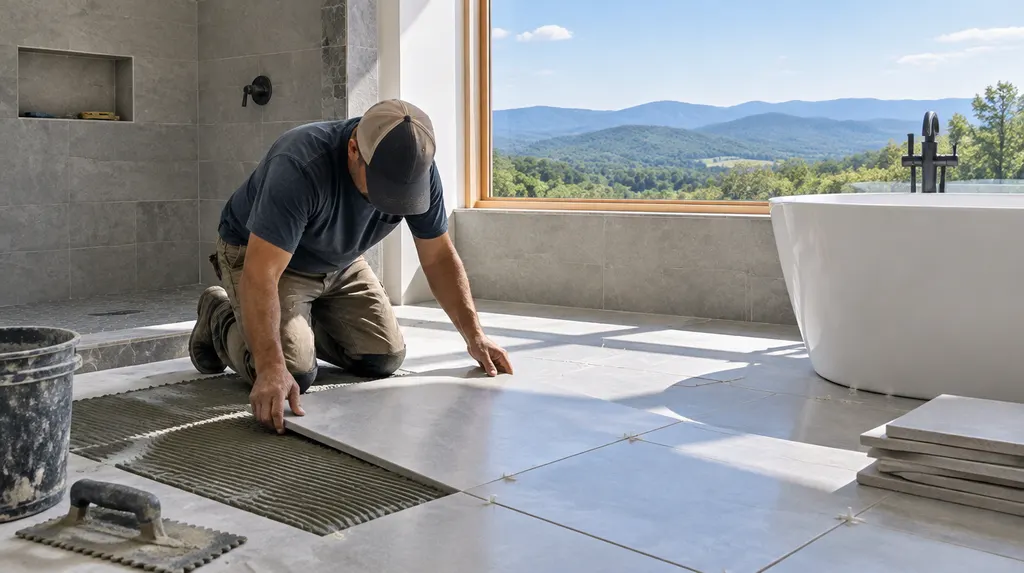A tile setter placing large tiles in a bathroom in Greenville, SC