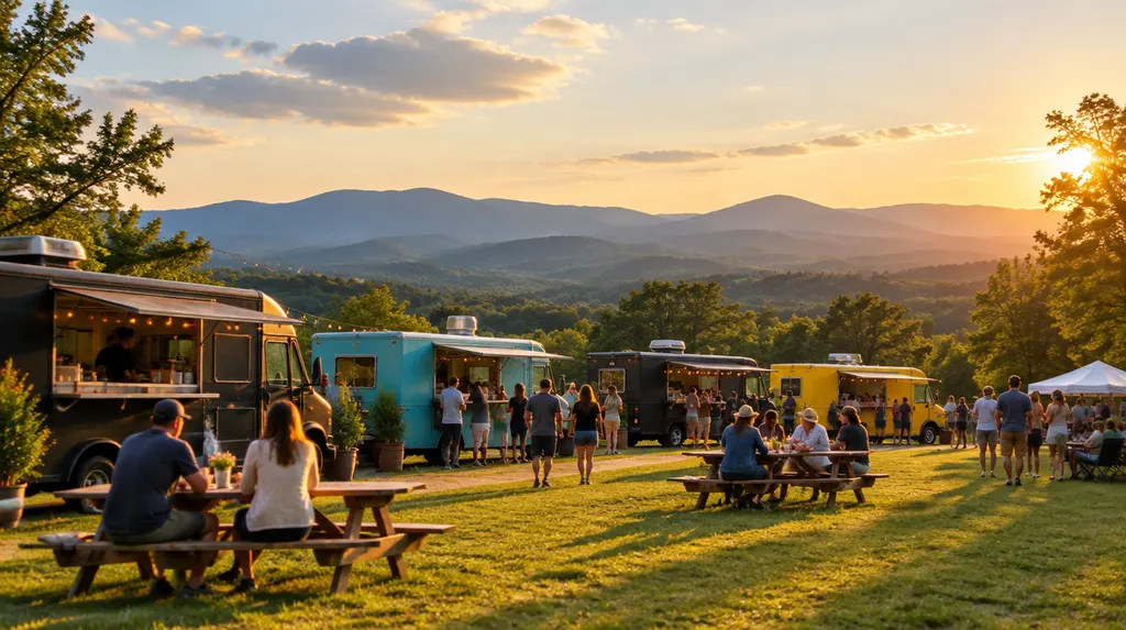 Food trucks parked at a sunny outdoor festival in Greenville, SC