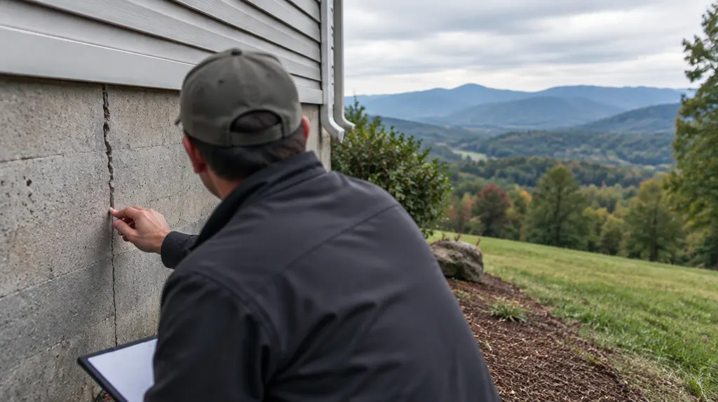A specialist examining a crack in a foundation wall in Greenville, SC