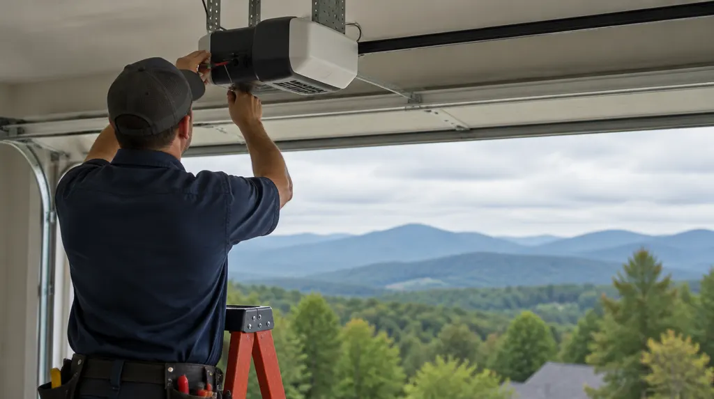 A technician adjusting a garage door opener on the ceiling in Greenville, SC