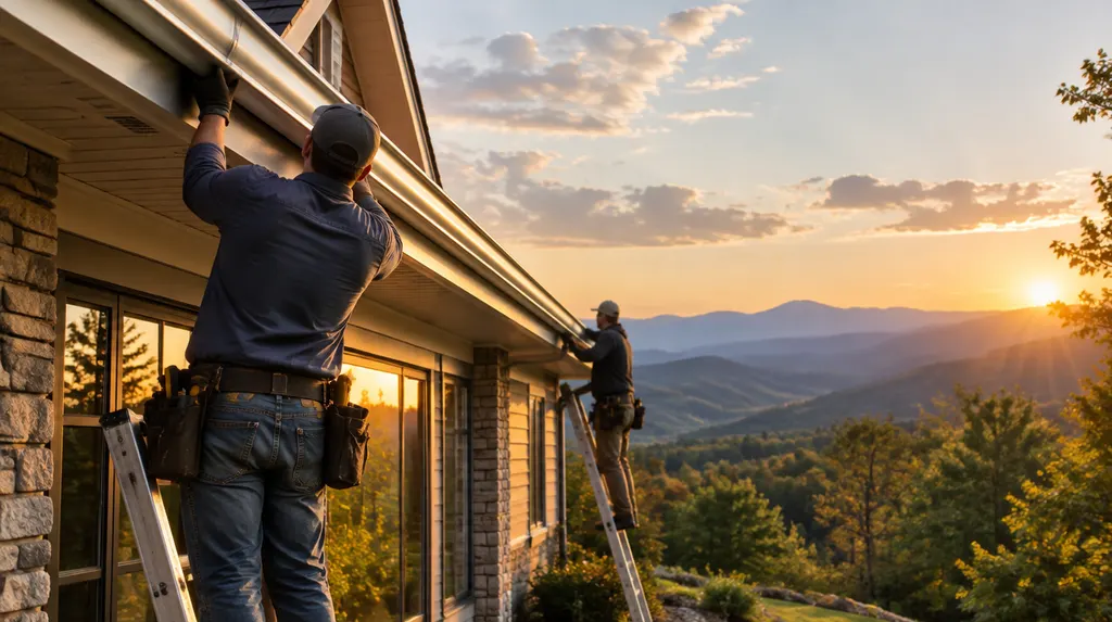 A crew installing seamless gutters on a house in Greenville, SC